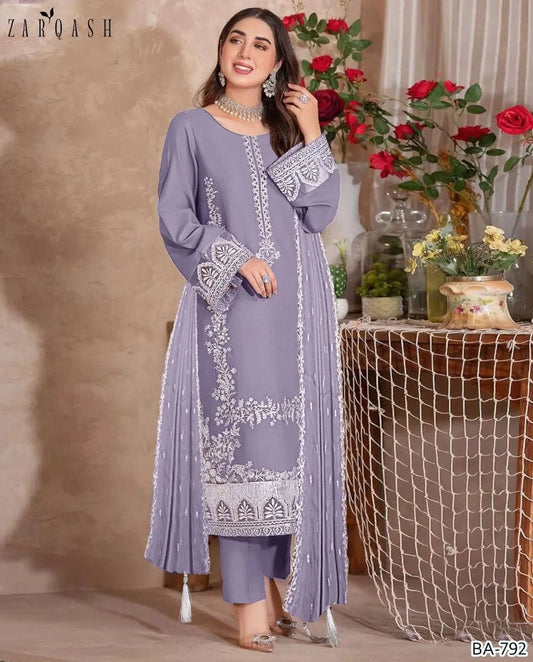 Elegant Purple Embroidered Suit - 3 Pcs Set