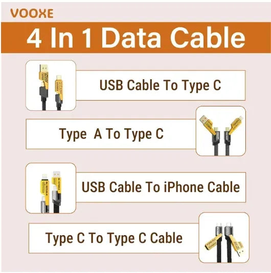4-in-1 USB-C Fast Charging Cable 1M – PD 65W/27W Steel Braided Multi Charging Cord | Type-C to iPhone, Type-C to Type-C, USB to C & iPhone – Black